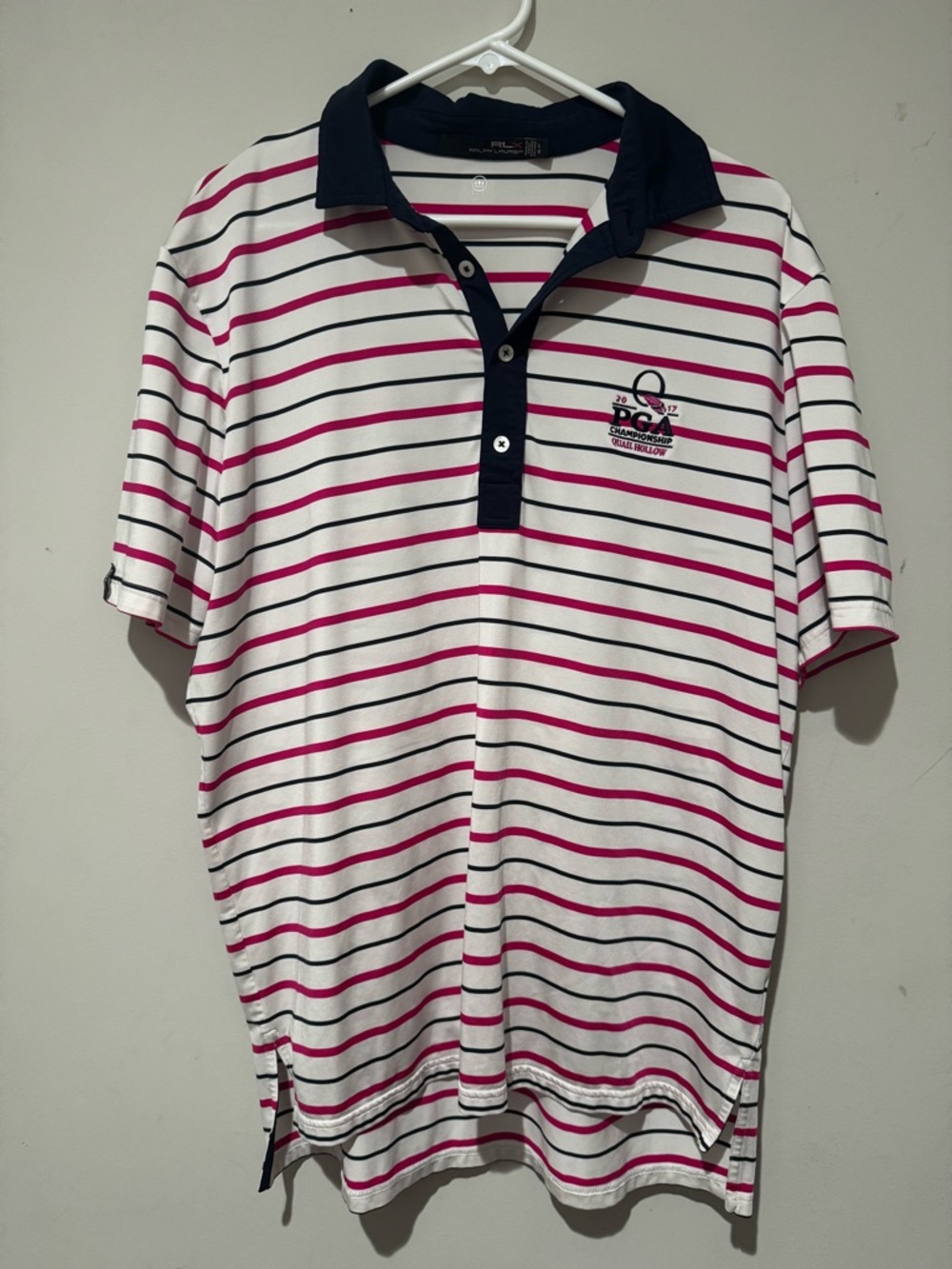RLX Ralph Lauren White Polo with Pink & Navy Stripes